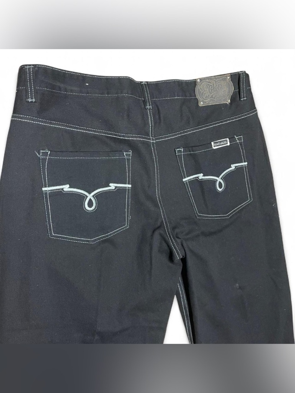 Ecko Unltd Jeans Mens 42x28 Black Denim Loose Fit Embroidered Pockets Baggy Y2K